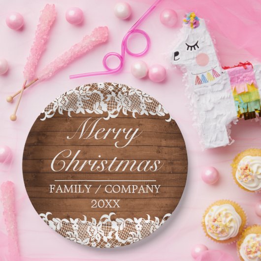 ウッド&素朴ホワイトレースメリークリスマス ペーパープレート (パーティー)