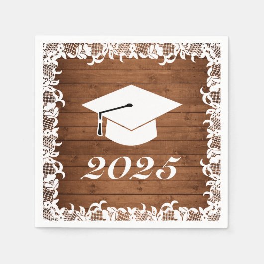 ウッド&素朴ホワイトレース卒業帽子 スタンダードカクテルナプキン (正面)