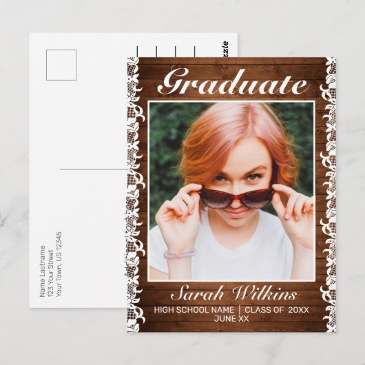 ウッド&素朴ホワイトレース卒業発表 ポストカード (正面/裏面)
