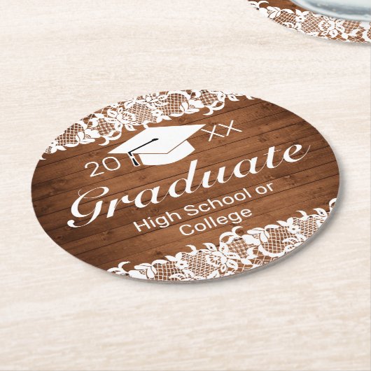 ウッド&素朴ホワイトレース卒業 ラウンドペーパーコースター (アングル)