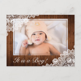 ウッド&素朴ホワイトレース男の赤ちゃん誕生写真 案内ポストカード