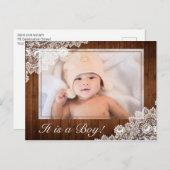 ウッド&素朴ホワイトレース男の赤ちゃん誕生写真 案内ポストカード (正面/裏面)