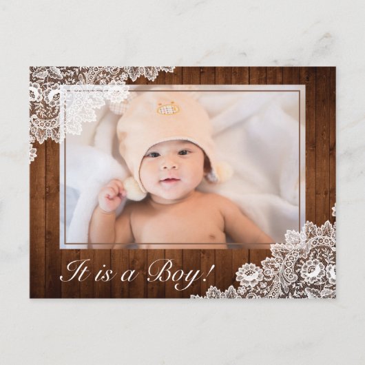 ウッド&素朴ホワイトレース男の赤ちゃん誕生写真 案内ポストカード (正面)
