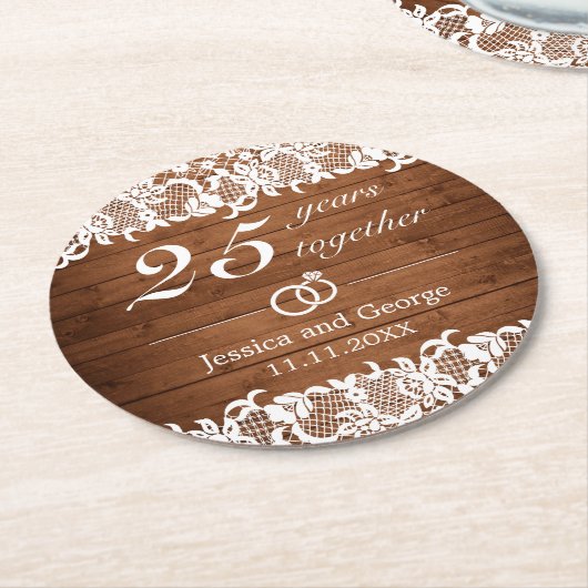 ウッド&素朴ホワイトレース記念日 ラウンドペーパーコースター (アングル)