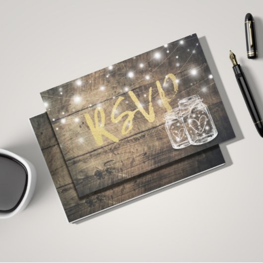 ウッド&素朴メイソンジャイルストリングライツウェディングRSVP インビテーションポストカード