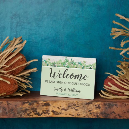 ウッド&素朴ユーカリプタスウェルカム結婚ズゲストブック フォトプラーク (側面)