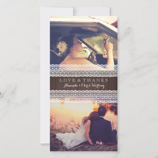 ウッド&素朴レースの結婚写真ありがとう サンキューカード (正面)
