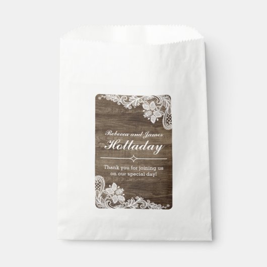 ウッド&素朴ヴィンテージレース結婚ズパーソナライズされた フェイバーバッグ (正面)