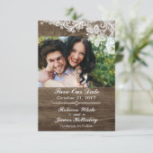 ウッド&素朴ヴィンテージレース結婚式の日付を保存 セーブザデート (スタンド正面)