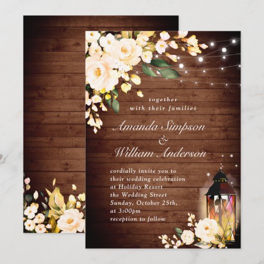 ウッド&赤面バラ&ランタンウォーターカラー結婚ズ 招待状 (正面/裏面)