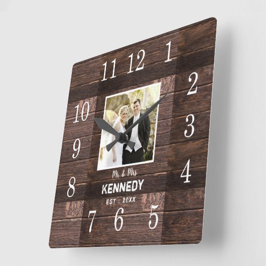 ウッパーソナライズされた素朴ド写真結婚の記念日 スクエア壁時計 (傾斜)