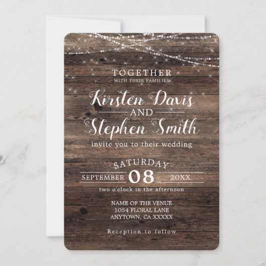 ウッ素朴ドのモダン国の文字結婚列の光 招待状 (正面)