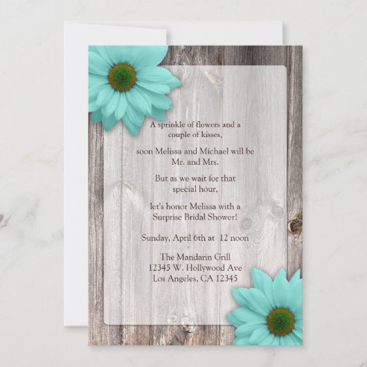 ウッ素朴ドウィズティール(緑がかった色)ブルーデイジーブライダルシャワー 招待状 (正面)