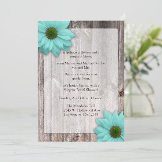 ウッ素朴ドウィズティール(緑がかった色)ブルーデイジーブライダルシャワー 招待状 (スタンド正面)
