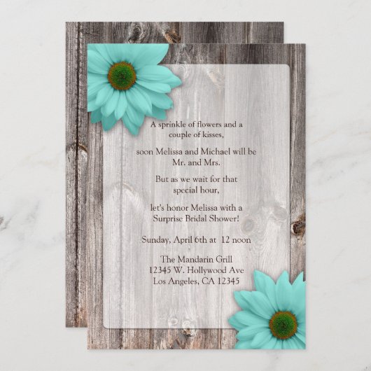 ウッ素朴ドウィズティール（緑がかった色）ブルーデイジーブライダルシャワー 招待状 (正面/裏面)