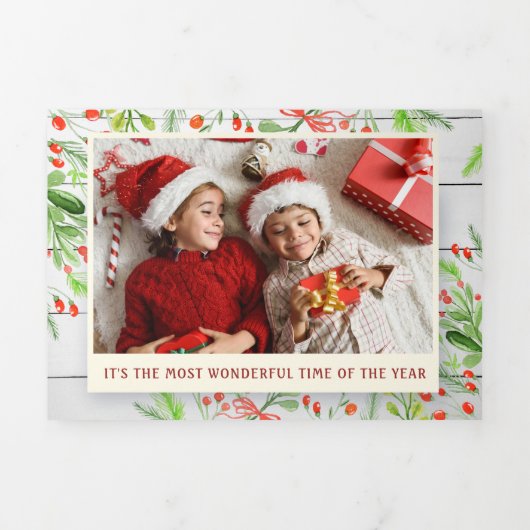 ウッ素朴ドウォーターカラー葉フォトホリデー 三つ折りクリスマスカード (カバー)