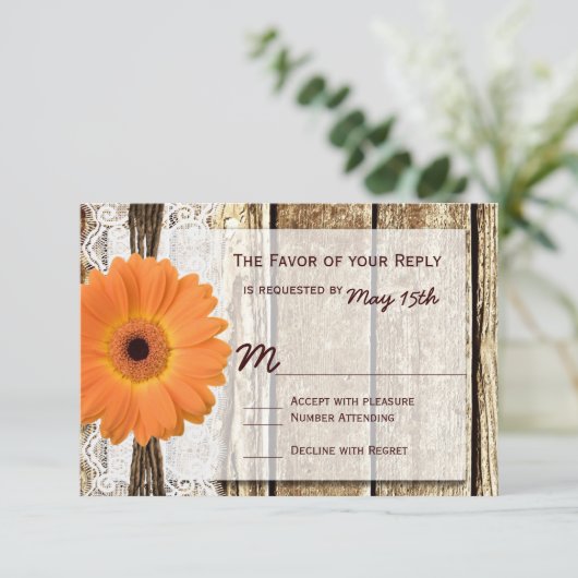 ウッ素朴ドオレンジデイジー結婚のRSVPカード 出欠カード (スタンド正面)