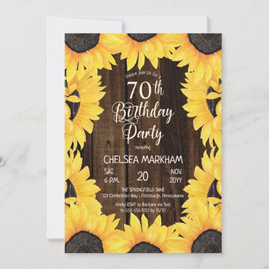 ウッ素朴ドシーウッド|ひまわりの70歳の誕生日パーティー 招待状 (正面)