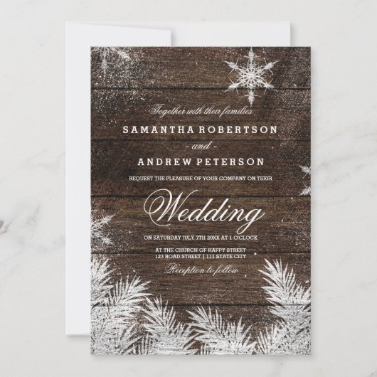 ウッ素朴ドスノフレークパインの冬の結婚式 招待状 (正面)