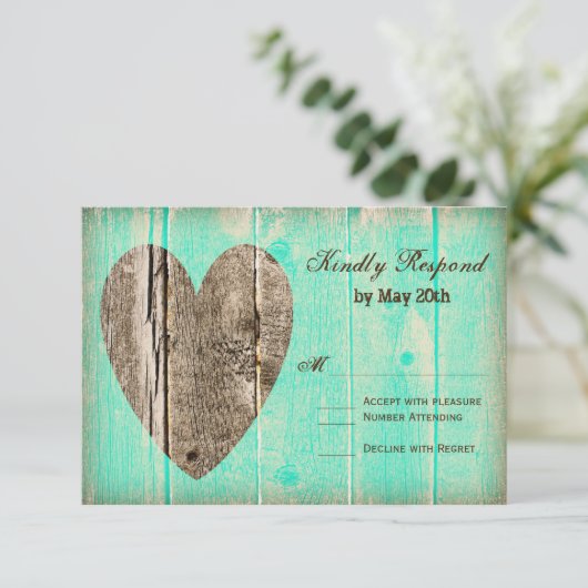 ウッ素朴ドハートアクアカントリーウェディングRSVPカード 出欠カード (スタンド正面)