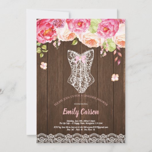 ウッ素朴ドピンクの下着シャワーブライダルパーティ 招待状 (正面)