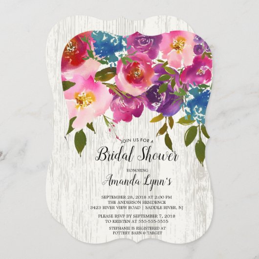 ウッ素朴ドピンクフラワーブライダルシャワー招待 招待状 (正面/裏面)