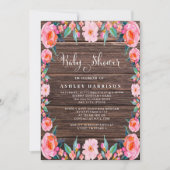ウッ素朴ドピンクフローラ水彩ベビーシャワー 招待状 (正面)