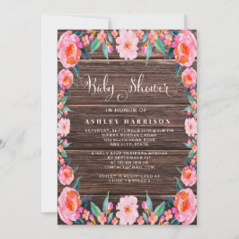 ウッ素朴ドピンクフローラ水彩ベビーシャワー 招待状