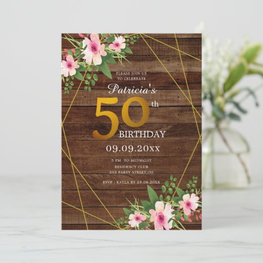 ウッ素朴ドピンクフローラ金ゴールドグリッター50th誕生日 招待状 (スタンド正面)