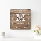 ウッ素朴ドファームハウスファミリーネームカスタムモノグラム スクエア壁時計 (ホーム)