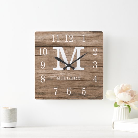 ウッ素朴ドファームハウスファミリーネームカスタムモノグラム スクエア壁時計 (ホーム)