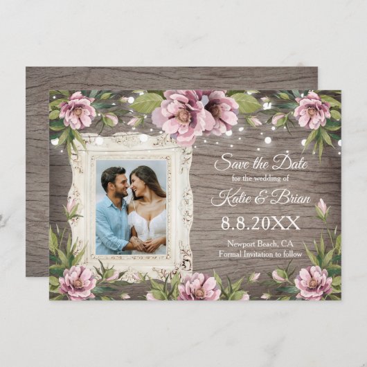 ウッ素朴ド赤面ピンクのフローラ写真日付保存  招待状 (正面/裏面)