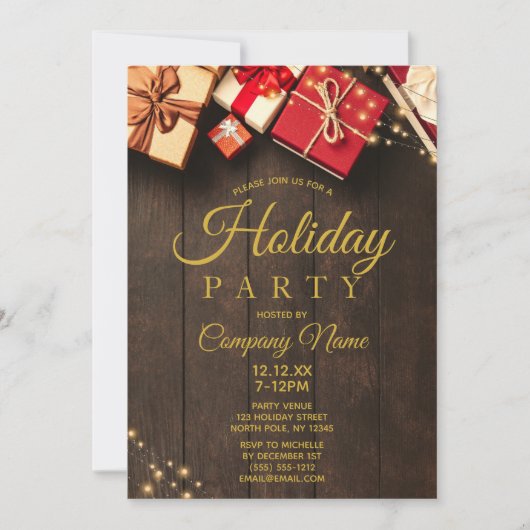 ウッ素朴ド金ゴールドホリデ企業のークリスマスパーティー 招待状 (正面)