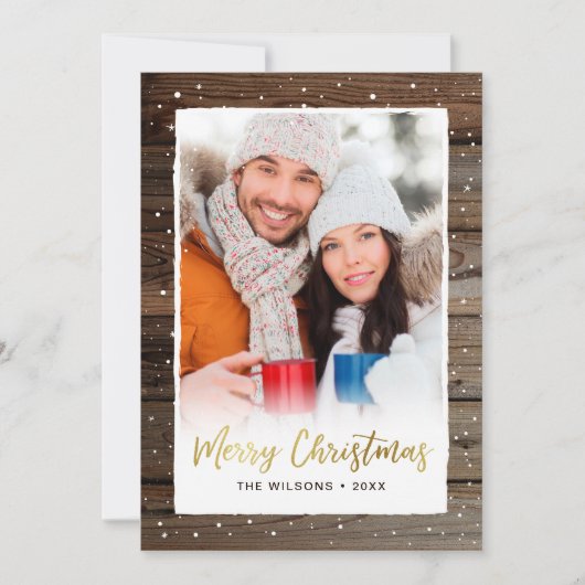 ウッ素朴ド金ゴールドメリークリスマスフォトカード シーズンカード (正面)