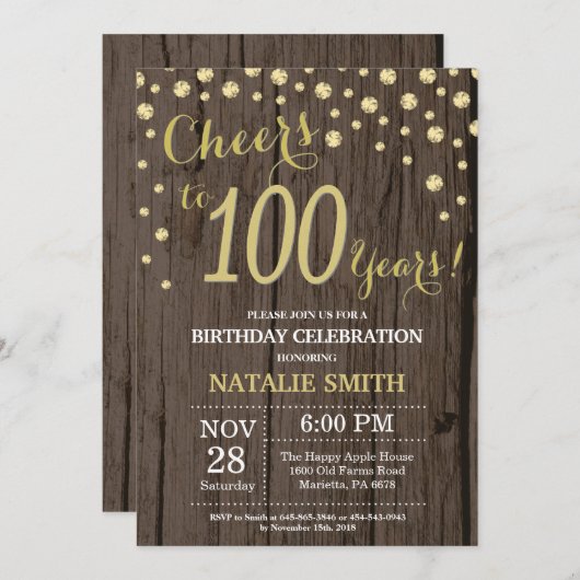 ウッ素朴ド金ゴールド100誕生日 招待状 (正面/裏面)
