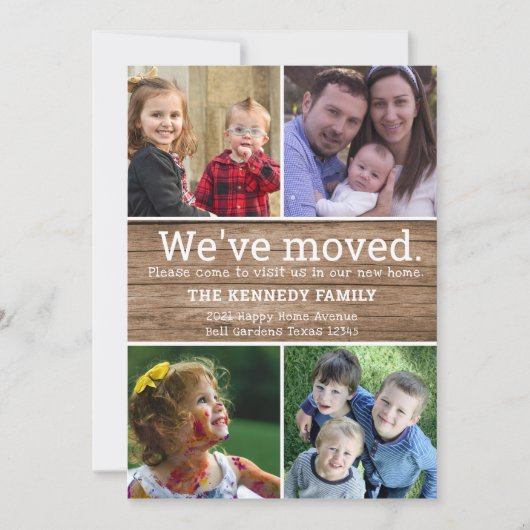 ウッ素朴ド4フォトコラージュ引っ越しましたニューホーム 案内状 (正面)