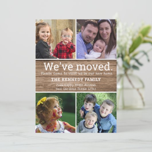 ウッ素朴ド4フォトコラージュ引っ越しましたニューホーム 案内状 (スタンド正面)