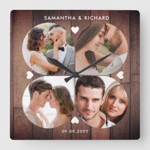  ウッ素朴ド4フォトコラ結婚ージュの記念日 スクエア壁時計
