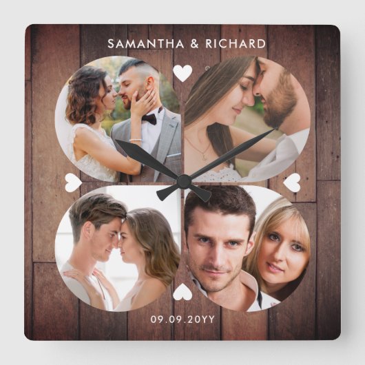 ウッ素朴ド4フォトコラ結婚ージュの記念日 スクエア壁時計 (正面)