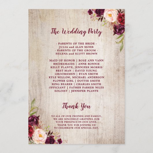 ウッ素朴ド·バーガンディ·フローラ結婚の式典 プログラム (裏面)