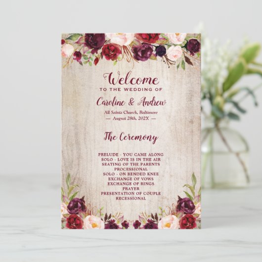 ウッ素朴ド·バーガンディ·フローラ結婚の式典 プログラム (スタンド正面)