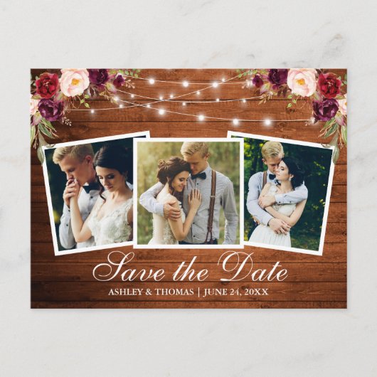 ウッ素朴ド·バーガンディ·フローラ3写真保存日 インビテーションポストカード (正面)