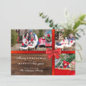 ウッ素朴ド&レッドリボンクリスマスボウ| 3枚の写真 招待状 (スタンド正面)