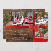 ウッ素朴ド&レッドリボンクリスマスボウ| 3枚の写真 招待状 (正面/裏面)