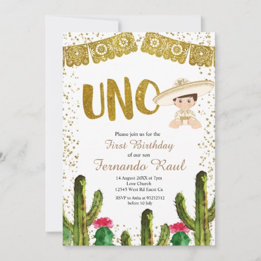 ウノ誕生日金ゴールドシャーロボーイ招待状 招待状 (正面)