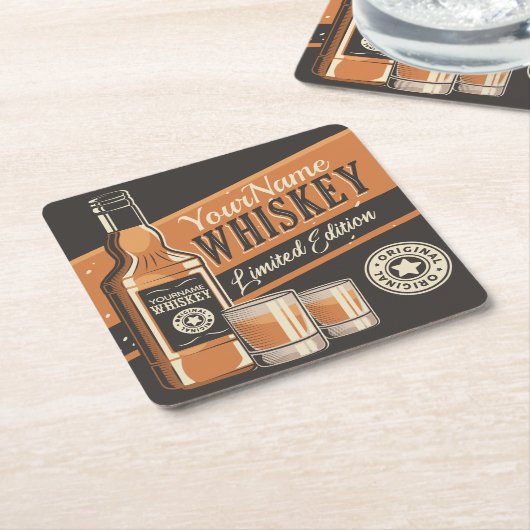 ウパーソナライズされたイスキーリューカーボトルウエスタンバー  スクエアペーパーコースター (アングル)