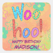 ウホオオレンジワードアート誕生日名パーソナライズされた スクエアシール (正面)