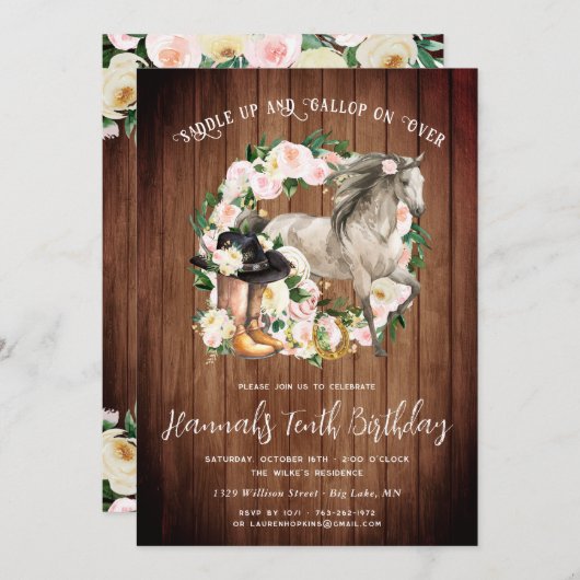 ウマかわいらしと花オンウッド素朴誕生日 招待状 (正面/裏面)