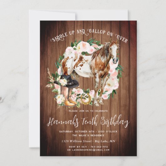 ウマかわいらしと花オンウッド素朴誕生日 招待状 (正面)