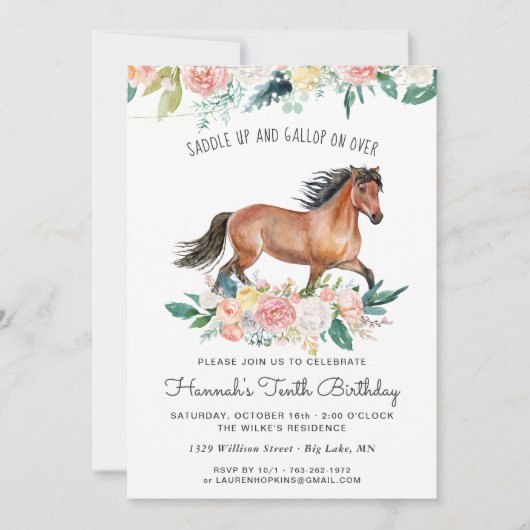 ウマかわいらしと花オンウッド素朴誕生日 招待状 (正面)